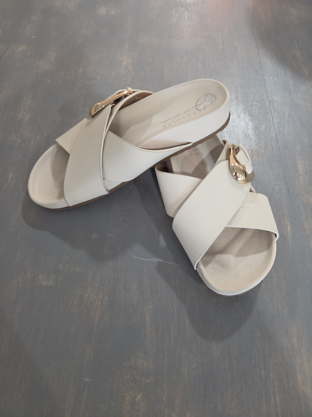 Aerosoles Women’s Neutral Crossband Slide Sandals with Gold Accent